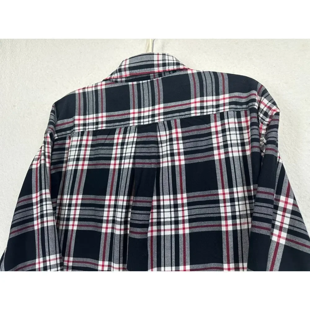 Brooks Brothers 346 L Plaid Button Down Men's Black White Red Cotton Flannel